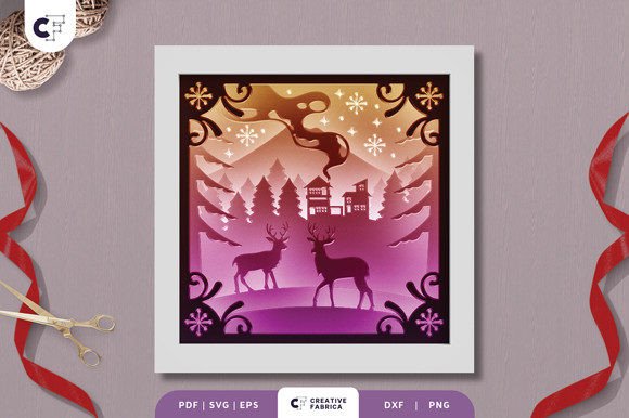 3D Shadow Box Deer in a Christmas Night