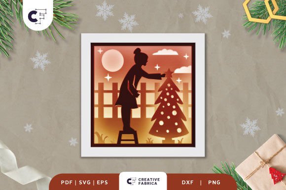 3D SVG Christmas Shadow Box: Girl Putting Star on Tree
